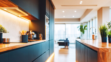 Contemporary kitchen featuring dark blue green cabinets, warm wooden countertops, and bright under cabinet lighting