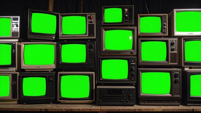 Vintage television screens arranged in a wall with green screen backgrounds