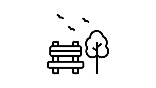 A premium linear animated icon showing garden bench with tree