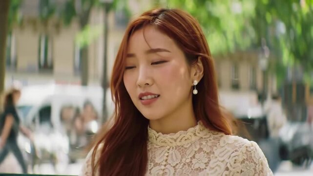 A woman in a lacy top with reddish hair poses outdoors. Earrings and a white dress are visible. The background is blurred