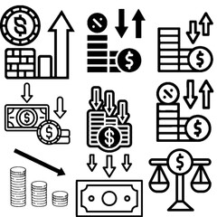Fototapeta premium A collection of financial icons illustrating concepts of money, growth, decline, and economic balance in a clean line art style.