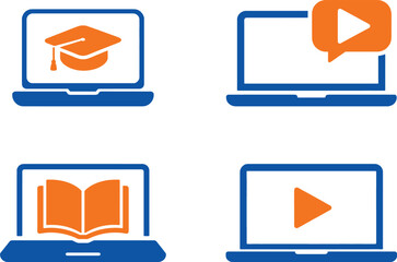 E Learning Laptop Vector Icons with Graduation Cap and Play Button