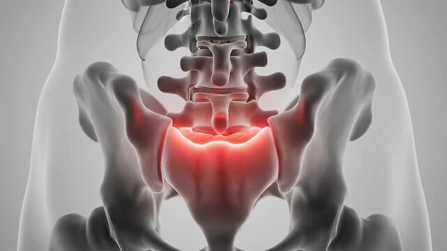 Anatomical illustration of the human sacrum and coccyx with a highlighted area of pain or inflammation in the lower back region