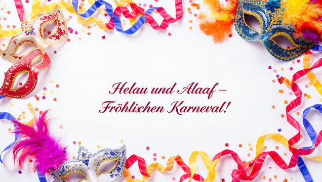 A highly detailed German Carnival greeting card design,featuring colorful carnival decorations arranged in an elegant flat lay composition,with the greeting "Helau und Alaaf &ndash; Fr&ouml;hlichen Karneval!"