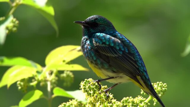 A vibrant bird with iridescent plumage, yellow belly, and black head, perches on a flowering plant, set against a blurred green backdrop