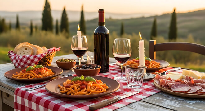 Romantic Tuscan dinner setting includes pasta, wine, and antipasto enjoyed outdoors at sunset.