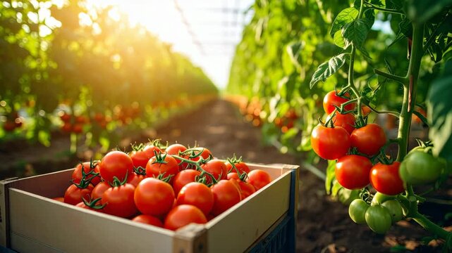 Fresh tomatoes piled in a wooden crate inside a sunny greenhouse with rows of plants