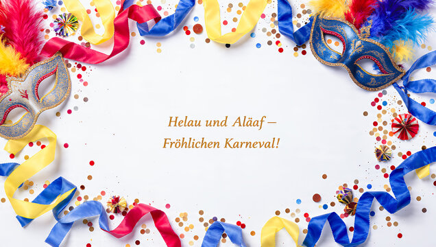 A highly detailed German Carnival greeting card design,featuring colorful carnival decorations arranged in an elegant flat lay composition,with the greeting "Helau und Alaaf &ndash; Fr&ouml;hlichen Karneval!"