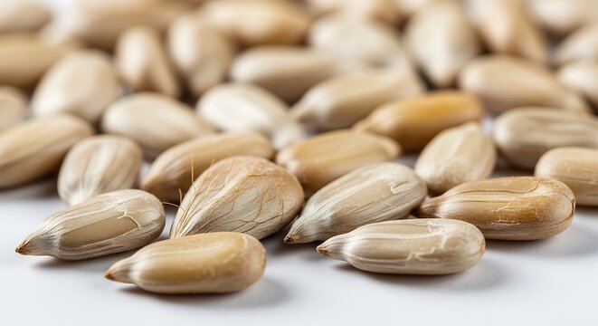 Close-up view of numerous shelled sunflower seeds scattered on a white surface, highlighting their texture and natural color.