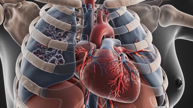 Anatomical illustration of the human heart and ribcage, showcasing the intricate details of the cardiovascular system and thoracic anatomy for medical education and research