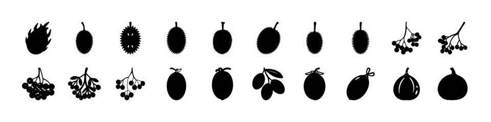 Black Fruit and Berry Silhouette Icon Set - Collection of black fruit and berry silhouettes isolated on white background, ideal for organic food branding, healthy eating concepts, and grocery design. © MST