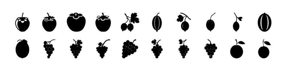 Black Fruit and Berry Silhouette Icon Set -  Collection of black fruit and berry silhouettes isolated on white background, perfect for organic food branding, healthy lifestyle themes, and grocery grap © MST