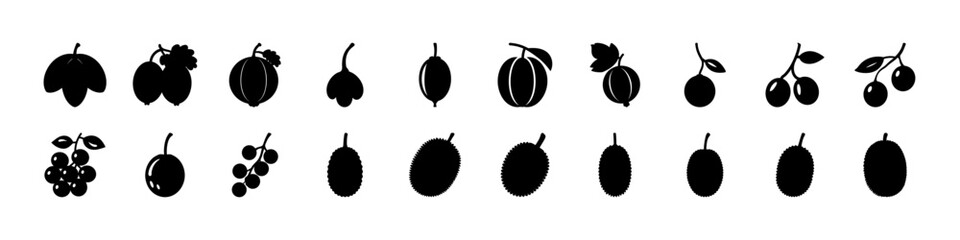 Black Fruit and Berry Silhouette Icon Set - Assorted black fruit and berry silhouettes isolated on white background, perfect for organic food branding, healthy eating concepts, and grocery graphics. © MST