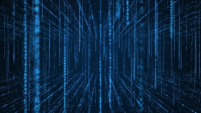 A digital representation of code flowing in blue hues across a virtual space