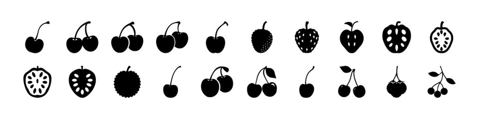Black Berry and Cherry Icon Set - Collection of black berry and cherry silhouettes isolated on white background, perfect for organic food branding, healthy lifestyle themes, and menu design. © MST