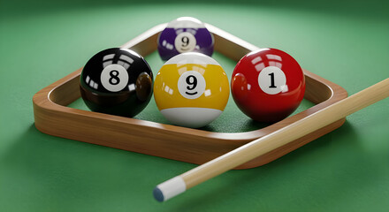 Billiard Balls Rack with Cue Stick on Green Felt Table