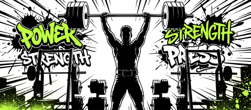 Gym fitness background in a graffiti style. Dynamic athletic gym sport with urban and street art look with splatter and drips effects.