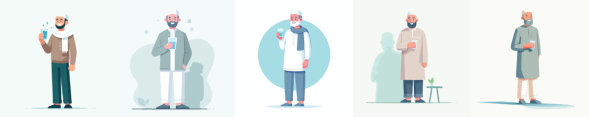 vector muslim man standing holding a glass of water