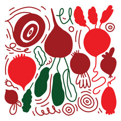Bold hand drawn vegetable illustration in red and green tones with roots and leafy elements. Flat vector artwork for food packaging, posters, and surface design.