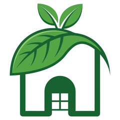 Eco-friendly minimalist house with green leaf roof - sustainable living vector icon