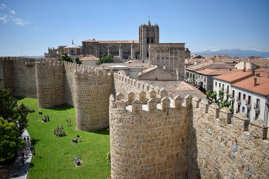 View of &Aacute;vila Cathedral Tower Behind Medieval City Walls