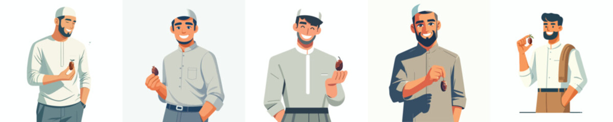 half body vector muslim man holding a dates fruit