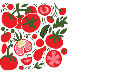 Colorful hand drawn tomato pattern with leaves and slices in flat decorative style. Vector illustration ideal for packaging, textiles, kitchen decor, and food-related designs.