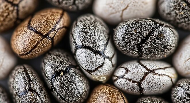 Extreme close-up macro shot of various chia seeds displaying their unique mottled patterns and natural color variations.
