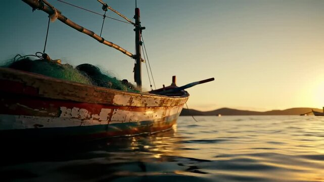 A weathered fishing boat, painted in vibrant colors, gently bobs on calm water at sunset. A fishing net rests inside, and the horizon is bathed in golden light