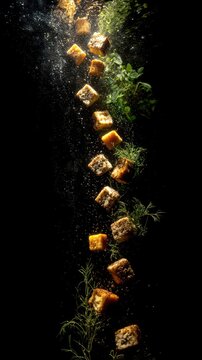 Floating Herb-Crusted Cheese Cubes in Water on Black Background with Greenery