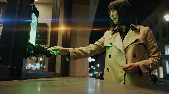 Asian commuter taps card at kiosk, trench coat and wallet in hand luminous urban streetlights and lens flare frame quick contactless transaction for smooth transit or ticketing on a cool night.