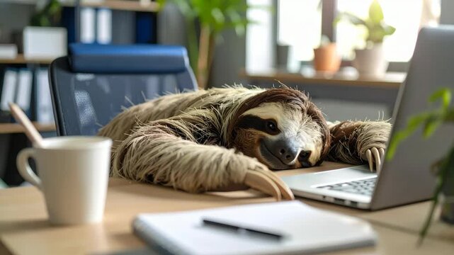 Tired sloth resting head on desk next to laptop and coffee mug in modern office