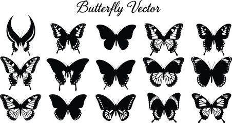 Fototapeta premium Elegant Butterfly Silhouette Set with Various Wing Patterns for Nature Branding Decorative Tattoo Design and Spring Summer Projects Vector Illustration - flavector