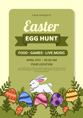 Easter Egg Hunt Poster with Running Bunny and colorful egg. Vector Illustration. Vector Illustration