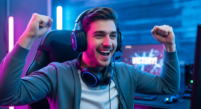Thrilled Caucasian adolescent male gaming enthusiast wearing professional headphones cheering during intense esports triumph with expressive hand gestures and triumphant smile in dark room.