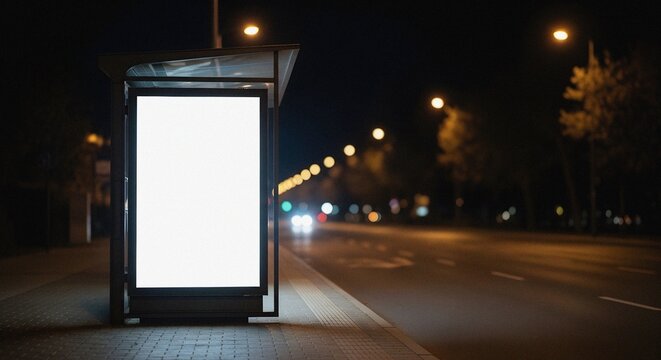 Illuminated Bus Shelter Mockup Presenting Blank Ad Space On Urban Pavement With Blurred Night Traffic
