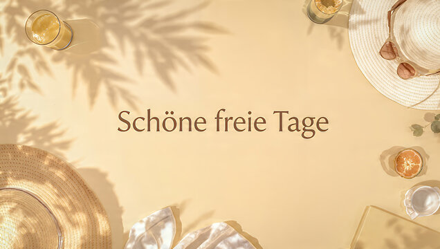 Greeting card with German text &ldquo;Sch&ouml;ne freie Tage&rdquo; (Beautiful free days), colorful design for holiday wishes.