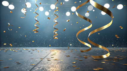 Obraz premium A dark room with gold confetti and ribbons falling from the ceiling