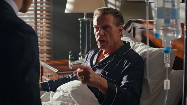 Man in hospital bed arguing with physician, animated gestures and urgent tone, IV drip visible at bedside, warm lamp light and wooden blinds in background, pajamaclad patient expressing frustration