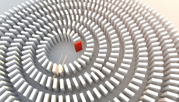 Domino blocks in circular spiral pattern with one red tile standing out, abstract 3D render for leadership and disruption featuring dominoes, tiles, circle with background and 3d illustration