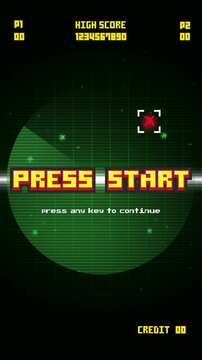 PRESS START INSERT COIN TO CONTINUE Airport Air Traffic Control Radar Screen.Retro 8 bit game screen background.	