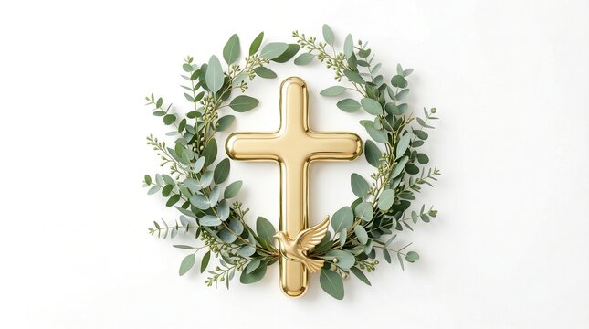 Eucalyptus botanical greenery and cross. Christening. Holy Spirit. Christian cross and green leaves for church,  solid gold, rounded, polished surface, isolated on white background