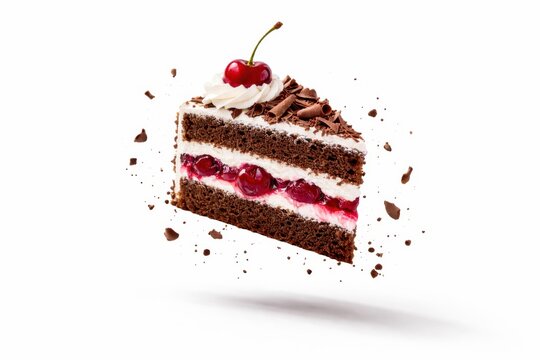 High speed studio photo black forest cake slice hovering with chocolate curls and crumbs frozen midair isolated on white background