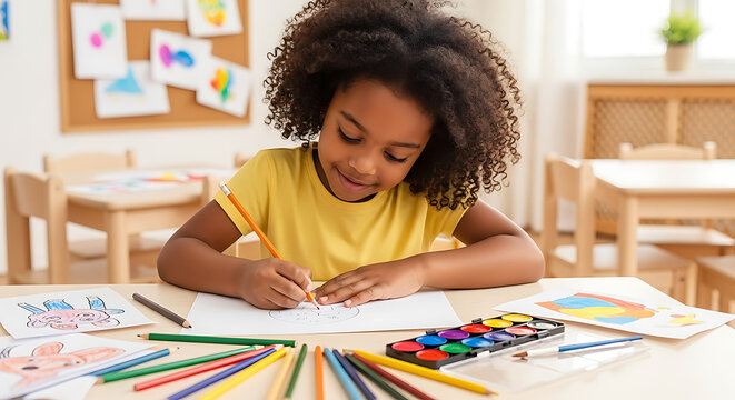 Adorable African American female child sketching with graphite pencil on white paper sheet sitting at school desk. Creative youth student with natural afro curls making artwork in studio.