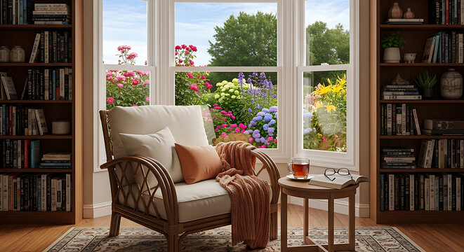 Cozy reading corner featuring a rattan chair with plush pillow and blanket by a bay window overlooking a vibrant garden landscape view inside a comfortable home interior.