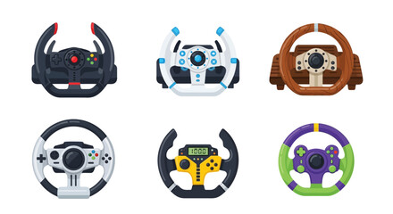 Collection of colorful steering wheels and gaming controllers flat vector icons © vector desgins 