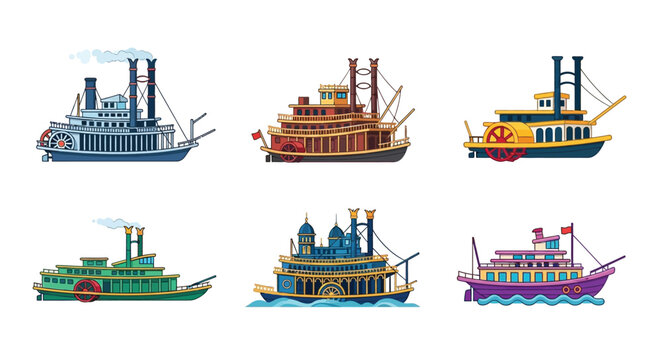 Colorful illustration depicting a collection of vintage paddlewheel riverboats