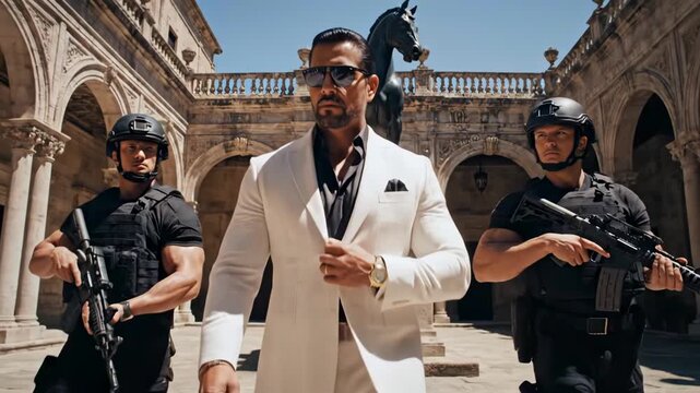 Dapper man in white suit walking through sunlit stone courtyard flanked by armed tactical bodyguards, sunglasses and pocket square, confident stride, cinematic lowangle framing, marble arches