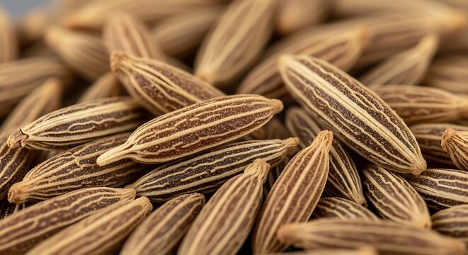 Close-up macro view of dried brown cumin seeds showing their textured surface and elongated shape.