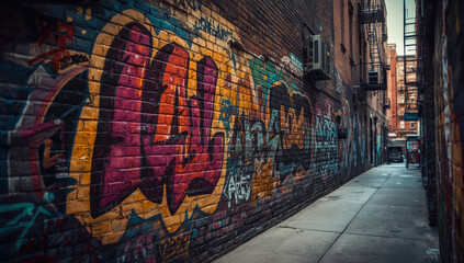 Naklejka premium Colorful graffiti mural on brick alley wall with urban fire escape